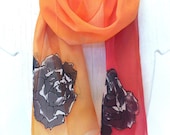 Hand painted Silk Scarf. Black Roses Sunburst Scarf. Silk Chiffon Scarf. Approx 10x54 in. Made to order.
