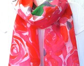 Hand Painted Silk Scarf. Red Silk Scarf. Secret Red Rose Garden. Handmade Silk Scarf. Floral Silk Scarf. 10x54 in. Made to Order.