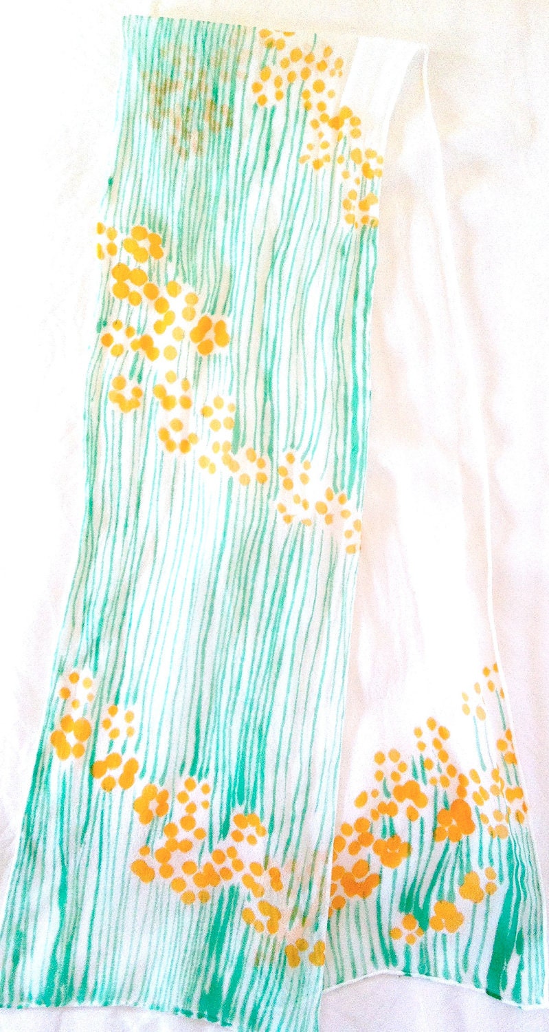 Hand Painted Silk Scarf Floral, Petite Pastel Golden Yellow Sumi Wildflowers Scarf. Silk Chiffon Scarf. Multicolor. 7x50 in.