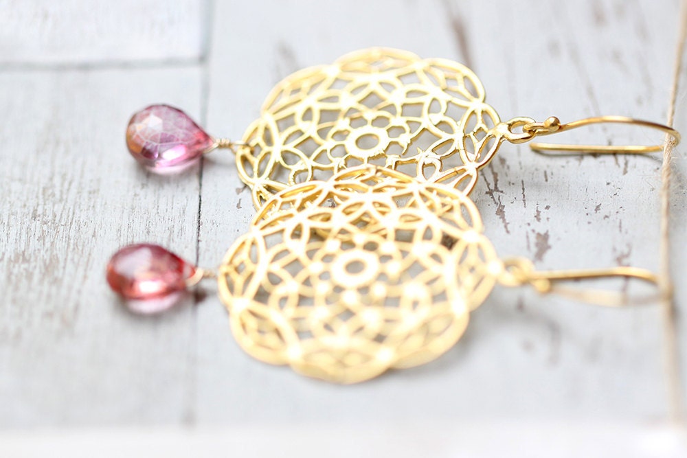 Shabby Chic Earrings - golden lace filigree and fuchsia pink quartz dangle, bridesmaid gift, bridal jewelry