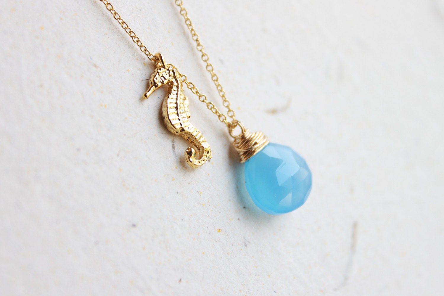 Seahorse Aqua Stone Necklace - sea life vermeil gold charm and azure blue chalcedony gemstone jewelry