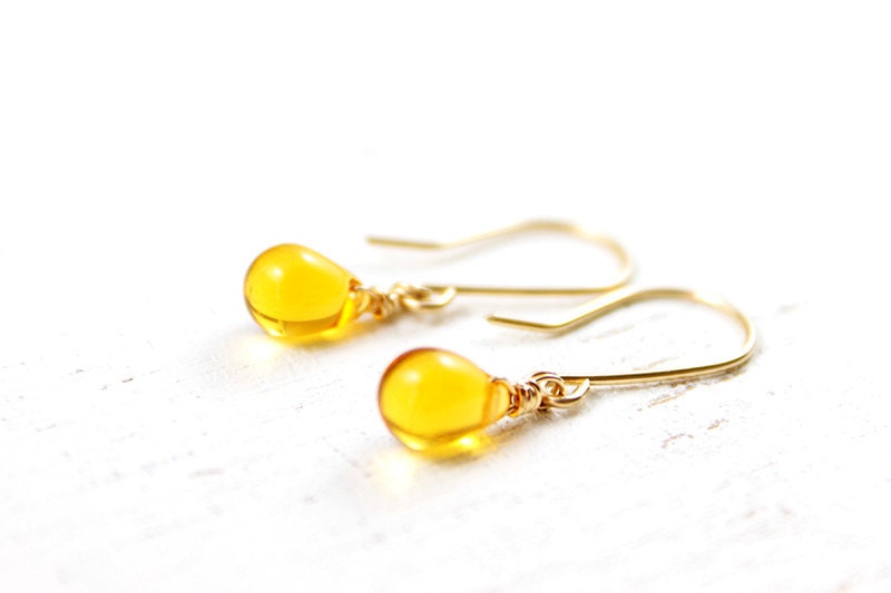 Honey Mustard Earrings - tiny yellow amber dangle 14k gold filled jewelry by petitor