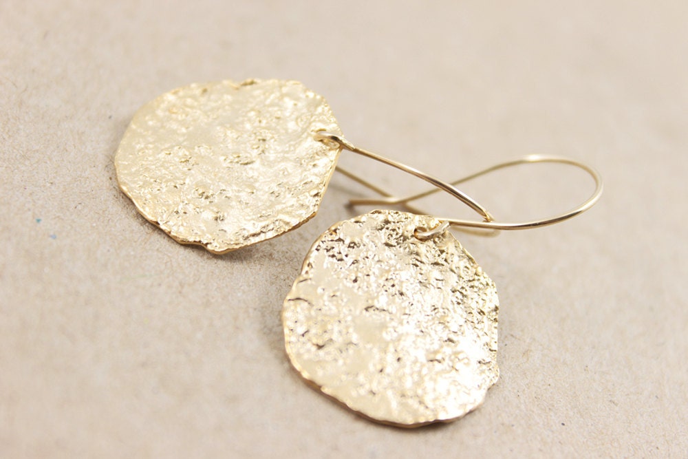 Gold Disc Earrings - textured wavy golden dangles for a simple everyday wear