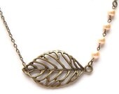 Antiqued Brass Leaf  Pearl Necklace