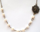 Antiqued Brass Flower White Pearl Necklace