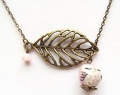 Antiqued Brass Leaf  Porcelain Owl Necklace