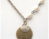 Antiqued Brass Tree Bird Pearl Necklace