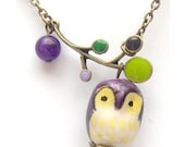 Antiqued Brass Leaf Purple Jade Porcelain Owl Necklace