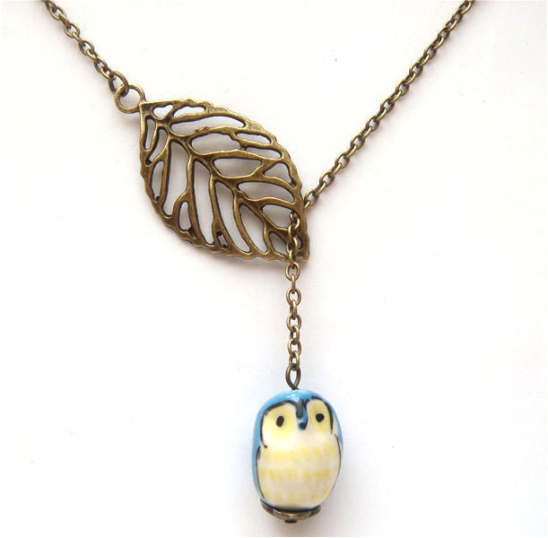 Antiqued Brass Leaf Blue Owl Necklace