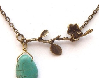 Antiqued Brass Branch Turquoise Necklace
