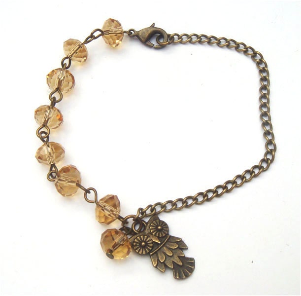 Antiqued Brass Owl  Smokey Quartz Bracelet