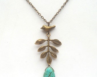 Antiqued Brass Leaf Bird Turquoise Necklace