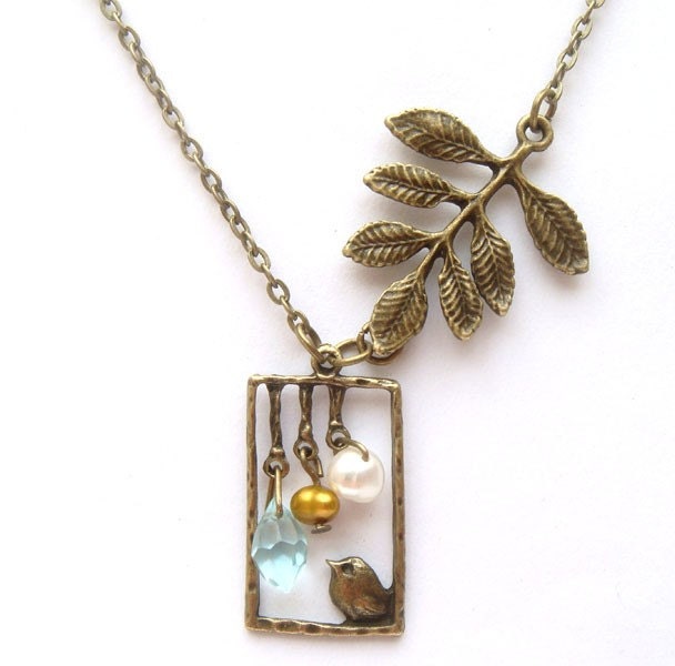 Antiqued Brass Leaf Bird Quartz Pearl Necklace