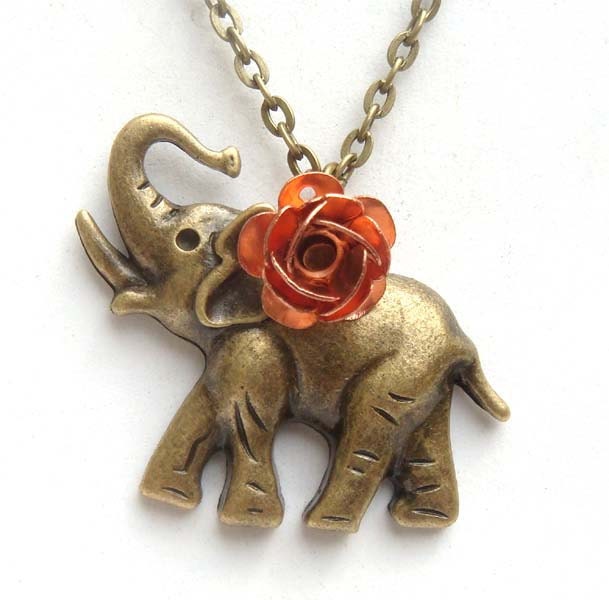 Antiqued Brass Elephant Rose Necklace