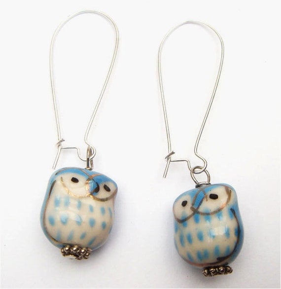 Silver Plated Brass  Porcelain Owl Earrings