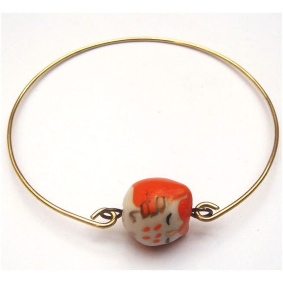 Brass Orange Porcelain Owl  Bracelet