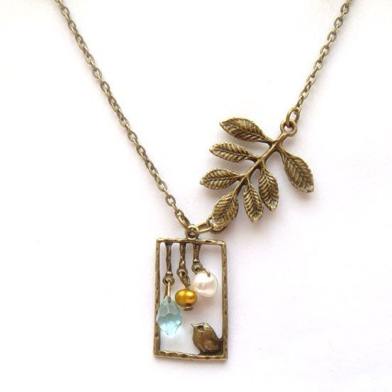 Antiqued Brass Leaf Bird Quartz Pearl Necklace