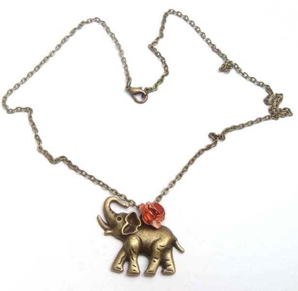 Antiqued Brass Elephant Rose Necklace
