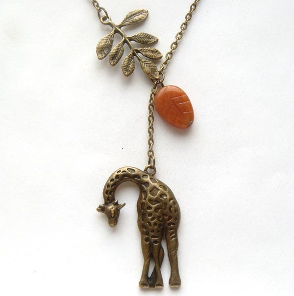Antiqued Brass Leaf Giraffe Honey Jade  Necklace