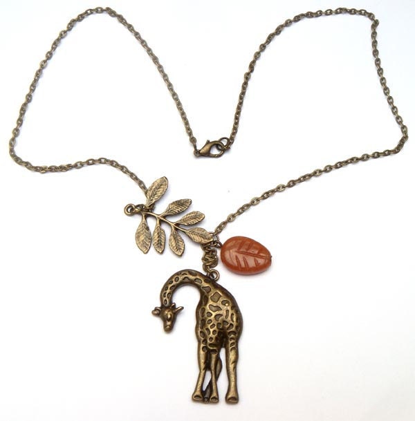 Antiqued Brass Leaf Giraffe Honey Jade  Necklace