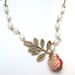 Antiqued Brass Leaf Pearl Porcelain Owl Necklace