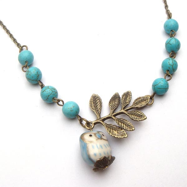 Antiqued Brass Leaf Turquoise Porcelain Owl Necklace