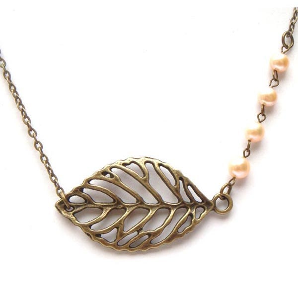 Antiqued Brass Leaf  Pearl Necklace