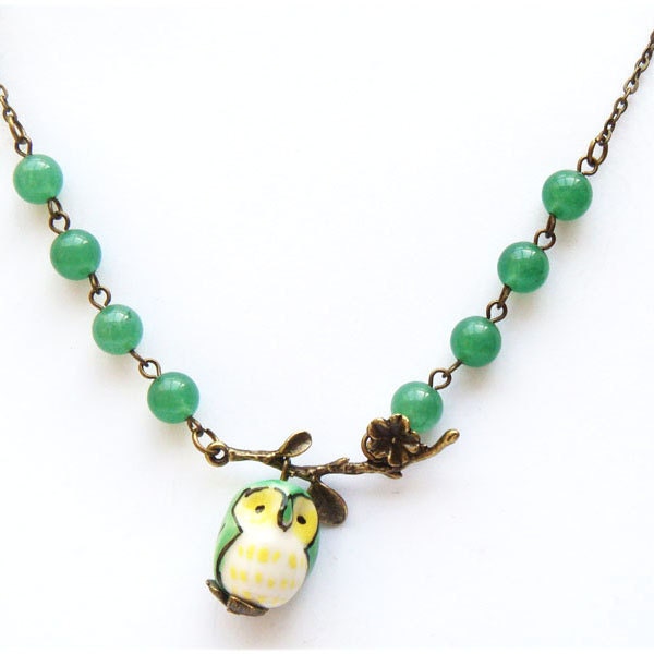 Antiqued Brass Leaf  Green Jade  Porcelain Owl Necklace