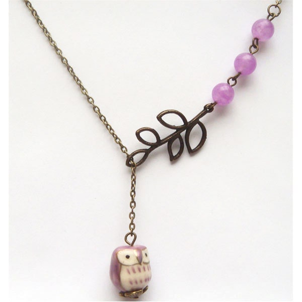 Antiqued Brass Branch Jade Porcelain Owl Necklace