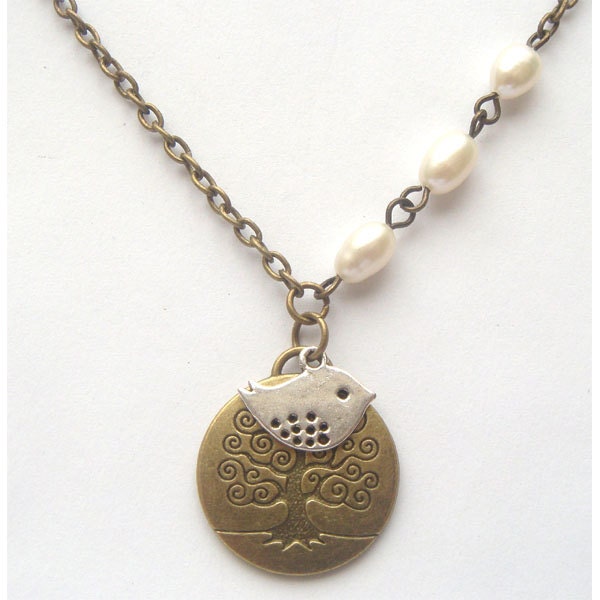 Antiqued Brass Tree Bird Pearl Necklace