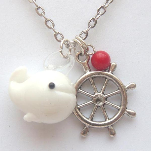 Silver Plated Brass Helm  Red Coral Porcelain Whale  Necklace
