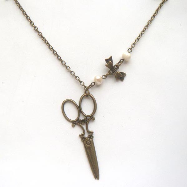 Antiqued Brass Scissors Bowtie Pearl Necklace