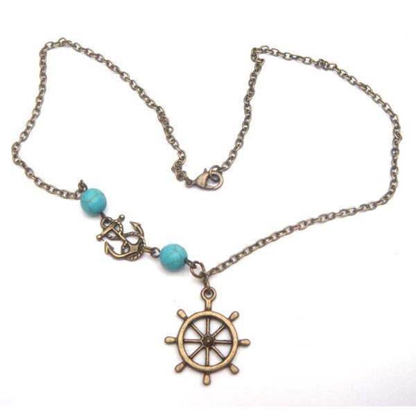 Antiqued Brass Helm Anchor  Turquoise Necklace