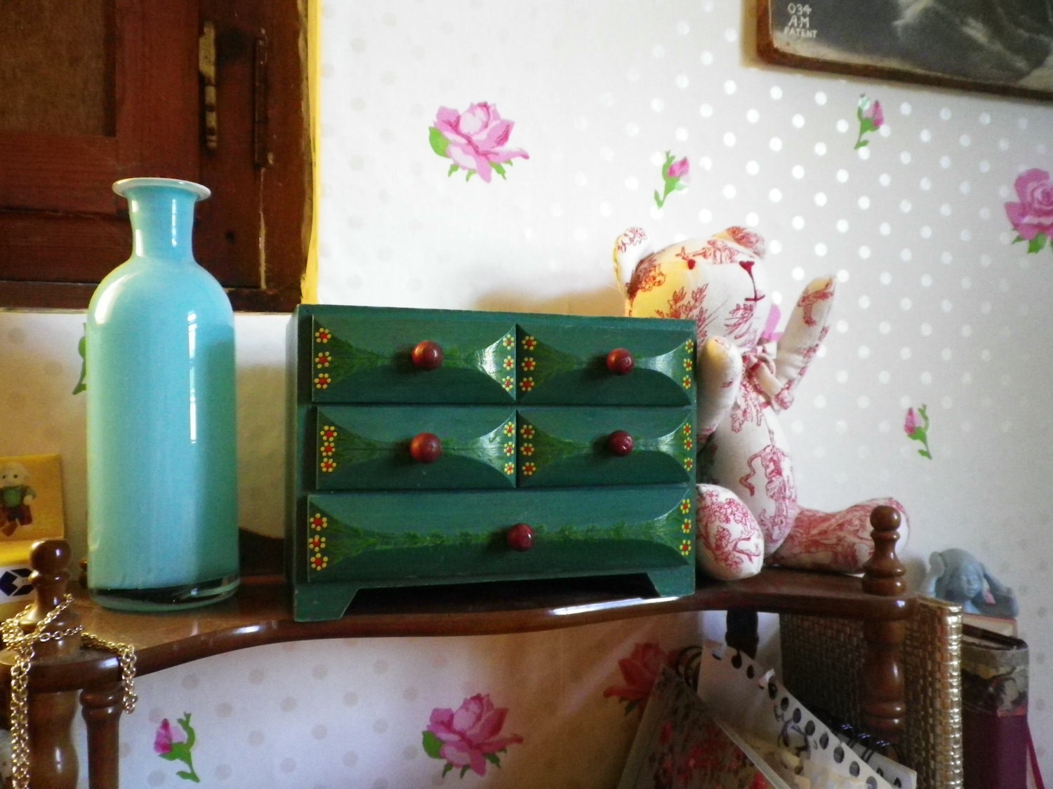 Wooden Drawers Case Vintage Small  Furniture Handpainted Box