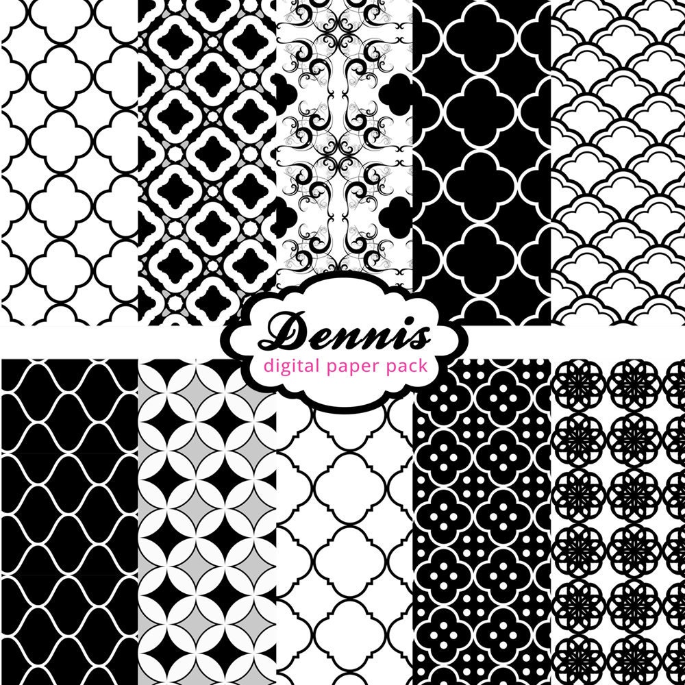 BUY 2 GET 2 FREE - Digital Scrapbook Paper Clip Art - Black and White Quatrefoil Pack - 12x12 digital paper