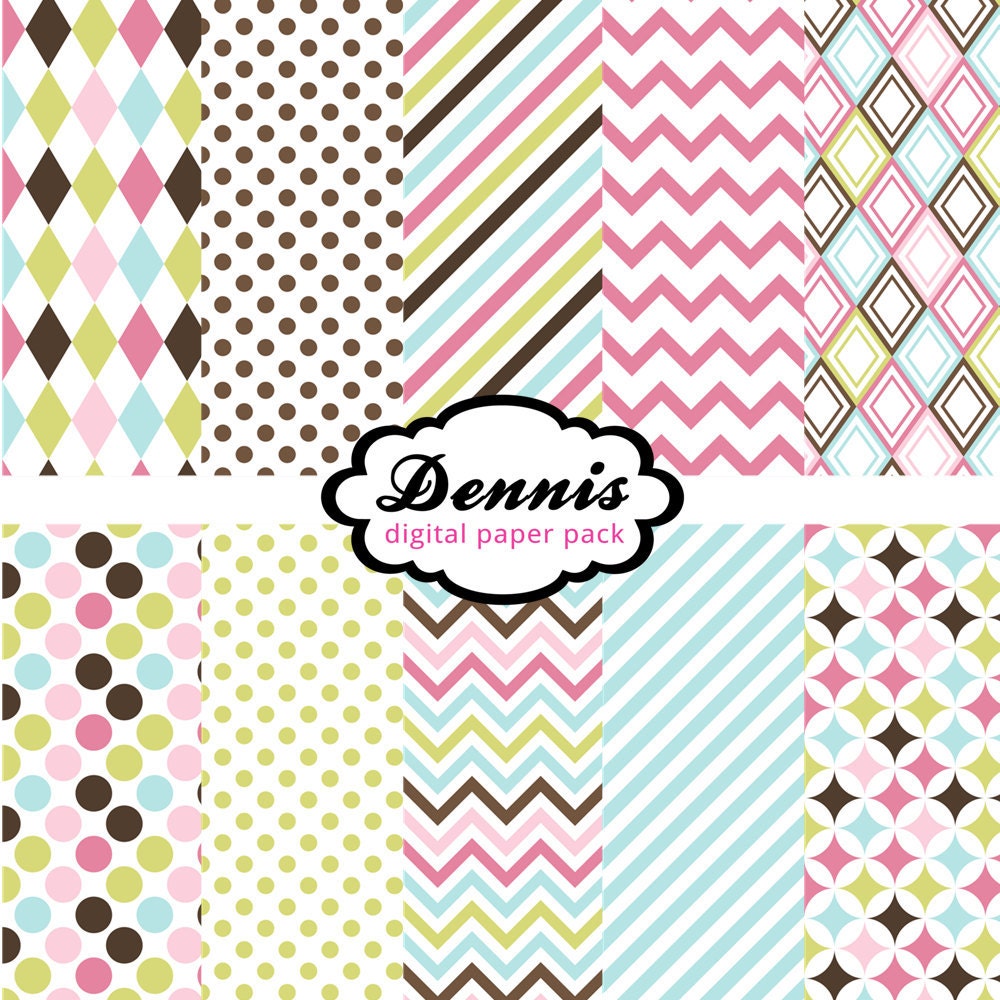 BUY 2 GET 2 FREE -  Pink Brown Green Blue - Scrapbook Digital Paper Clip Art - Sugar Sweet Seamless Patterns - Diagonal Stripe Dot Chevron