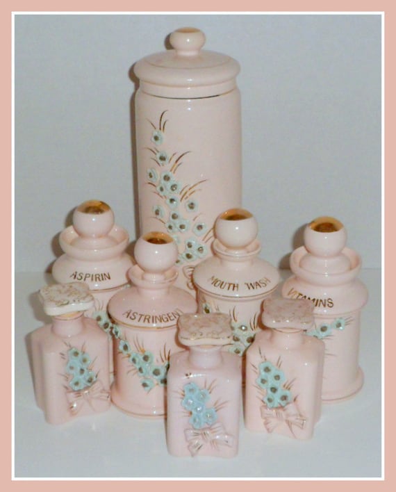 Moving Sale Reduced.  Vintage Pink Blue Vanity Dresser Jars Thames Japan 8 Piece