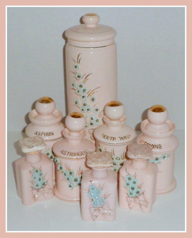 Moving Sale Reduced.  Vintage Pink Blue Vanity Dresser Jars Thames Japan 8 Piece