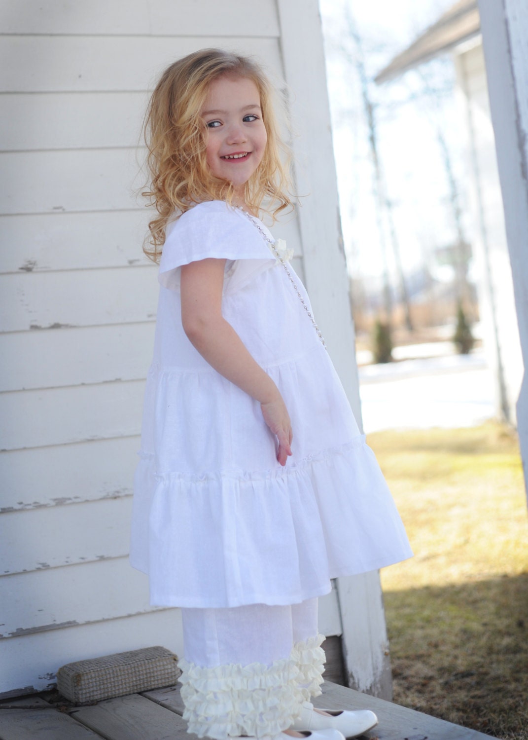 Timeless Treasures.. Triple Ruffle Linen Pants Capri length or long.  Size 12 month to size 5T