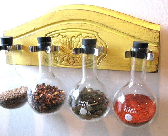 Carved Amarillo Yellow Beaker Spice Rack, Shabby Chic