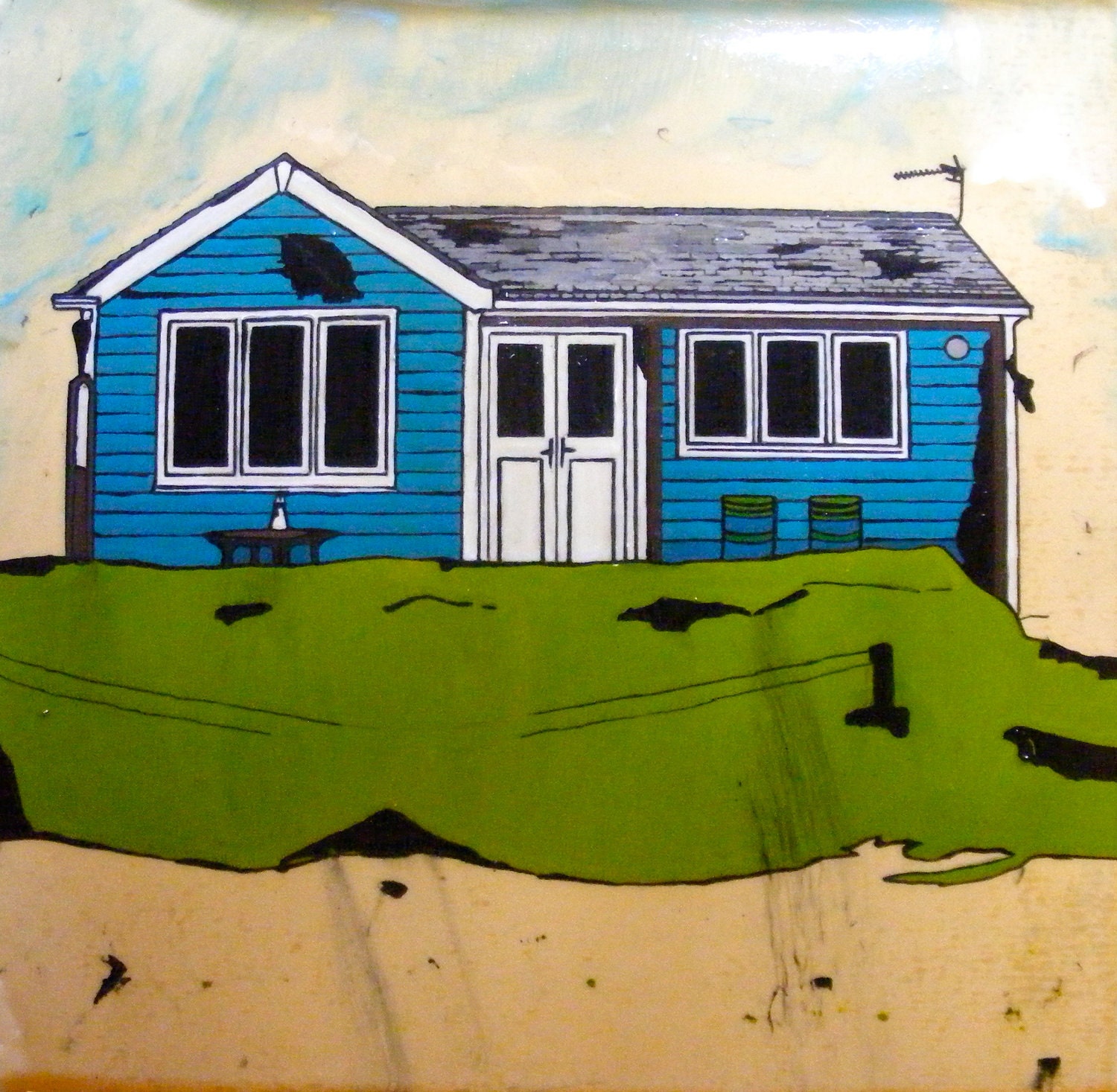 Original Painting of Wooden Blue Beach Chalet