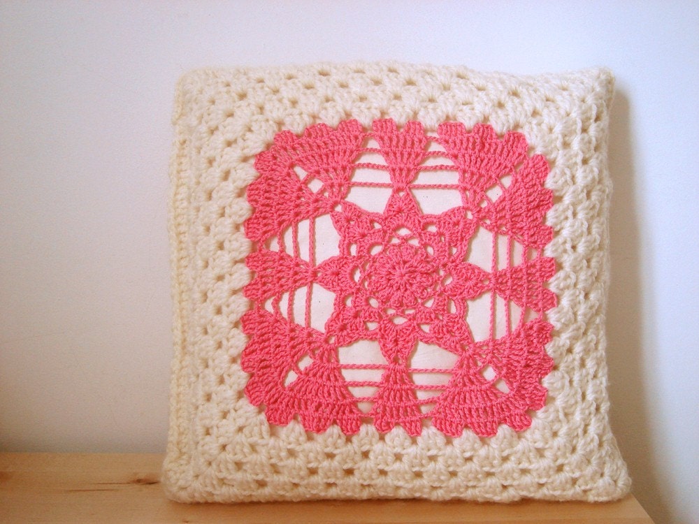pink lace. crochet granny cushion cover