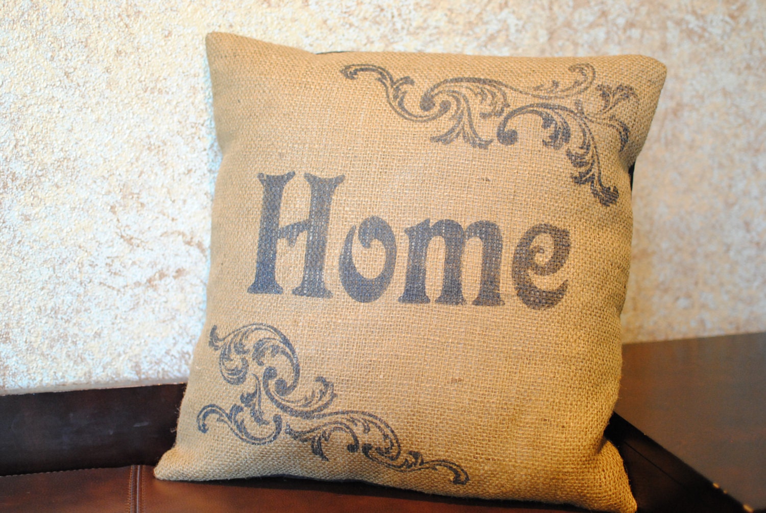 Rustic burlap pillow cover handpainted with Home-can also be personalized with family name instead - Pillow Insert Sold Separately