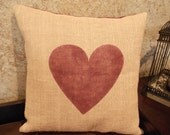 Burlap heart pillow cover - 16" - with a handpainted heart  in cranberry red - Pillow Insert Sold Separately