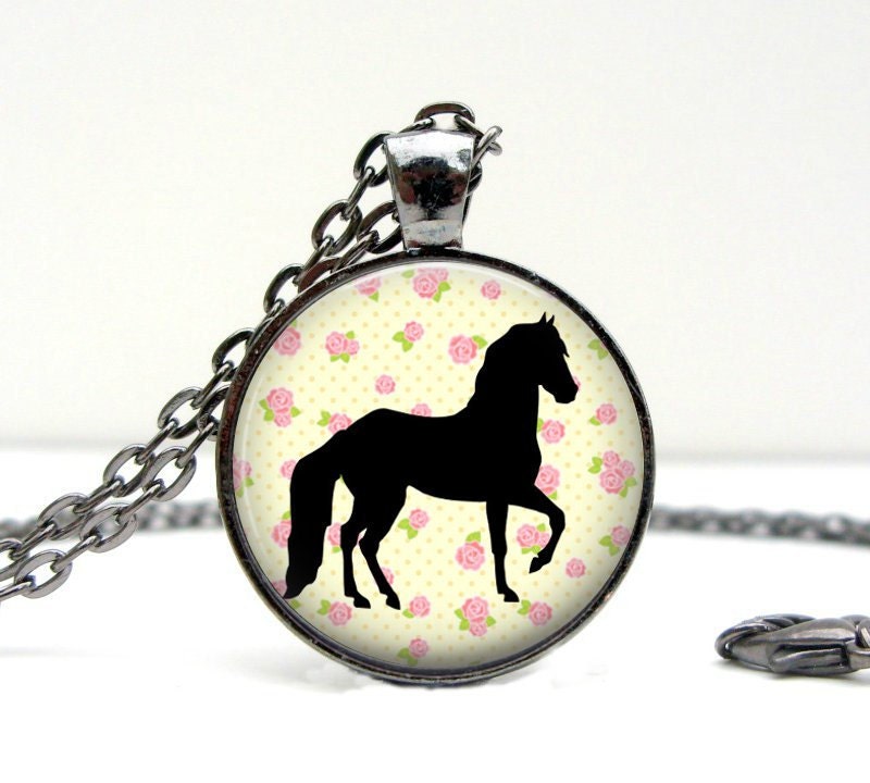 Pink Flower Horse Silhouette Necklace Glass Art Pendant Gunmetal Picture Pendant Photo Pendant