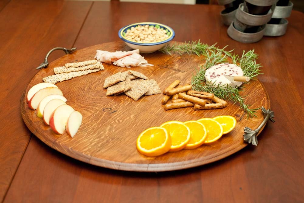 Wine Barrel Cheese Board with Metal Handles