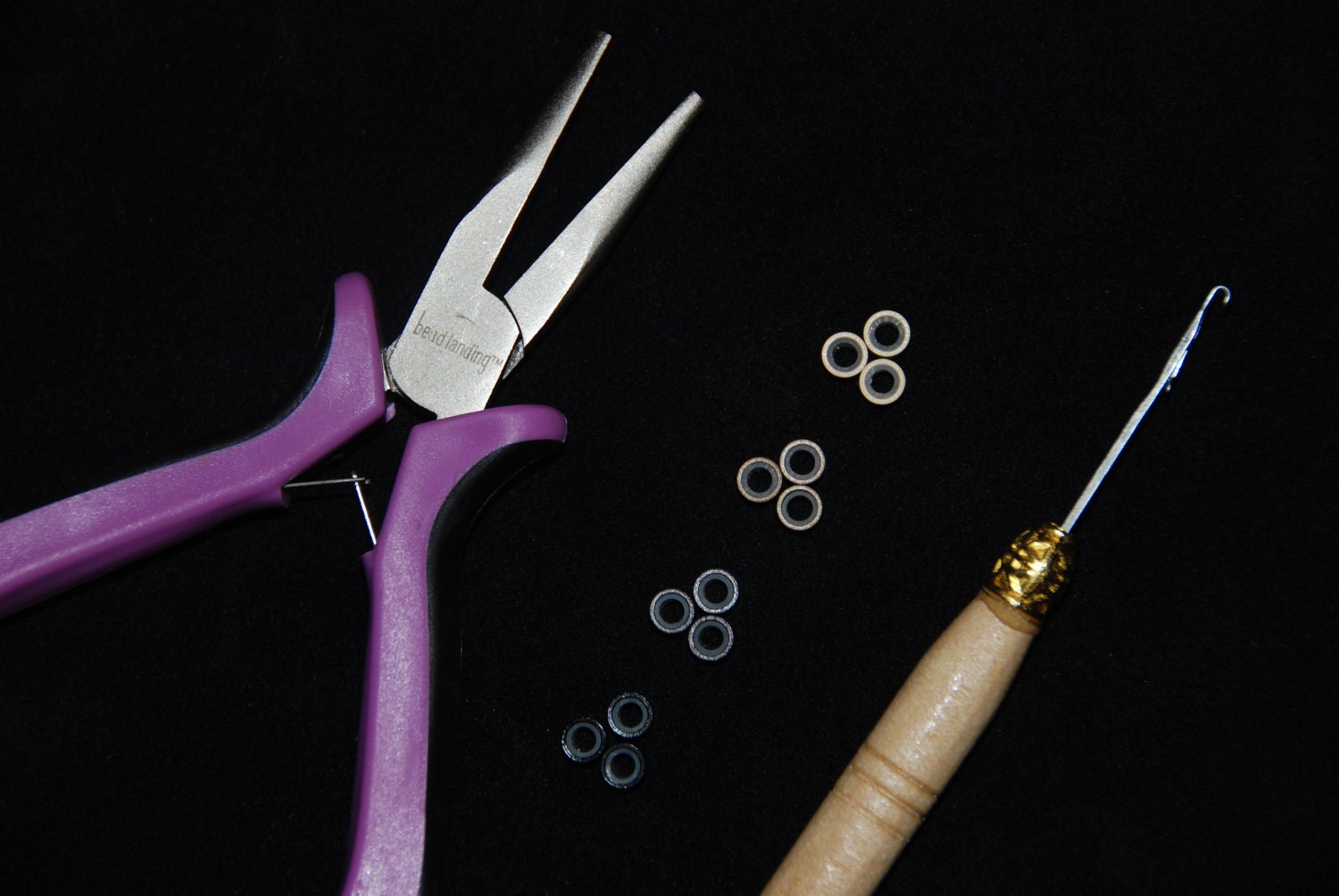 Complete DIY Kit for feather hair extension - Crimping Tool Hair Threading Hook and beads