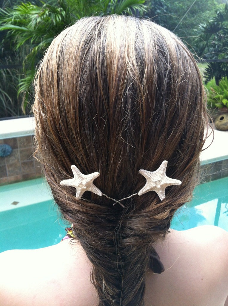 Tiny Natural White Knobby Starfish on craft bobby pins - set of two - by IndianSummerGirls