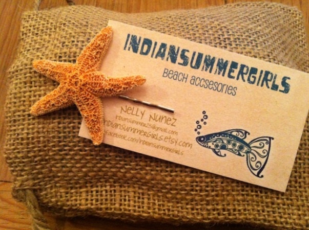 Small Natural Sugar Starfish on craft bobby pin by IndianSummerGirls