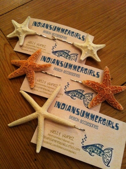 Tiny Natural White Knobby Starfish on craft bobby pins - set of two - by IndianSummerGirls